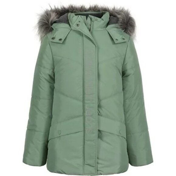 Calvin Klein Girls Logo Placket Hooded Puffer Jacket in Green Size 3T MSRP $110